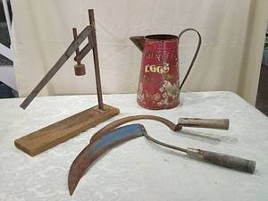 lot 169 image: Farm Fresh Eggs Metal Container with Farm Tools (items in pictures)