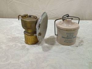 lot 176 image: Kaukauna Klub crock and  Mining Cap Lamp (items in pictures)