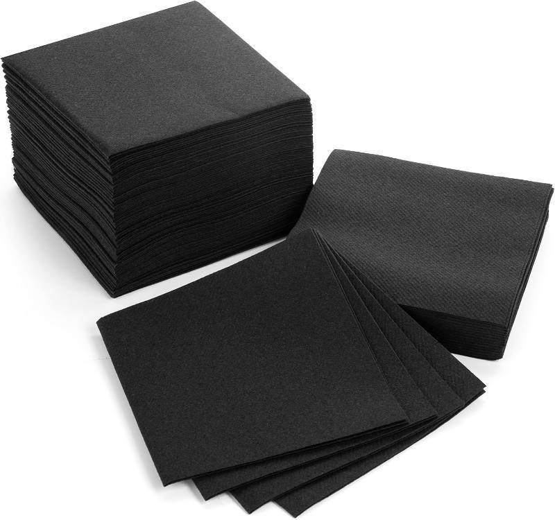 lot 391438 image: AH AMERICAN HOMESTEAD Cocktail Napkins-Disposable BeverageBar Napkins-Black Linen-Like Square Napkins-Eco-Friendly & Compostable-Everyday Use, Party or Wedding 4.75inch x 4.75inch (100 Count, Black)