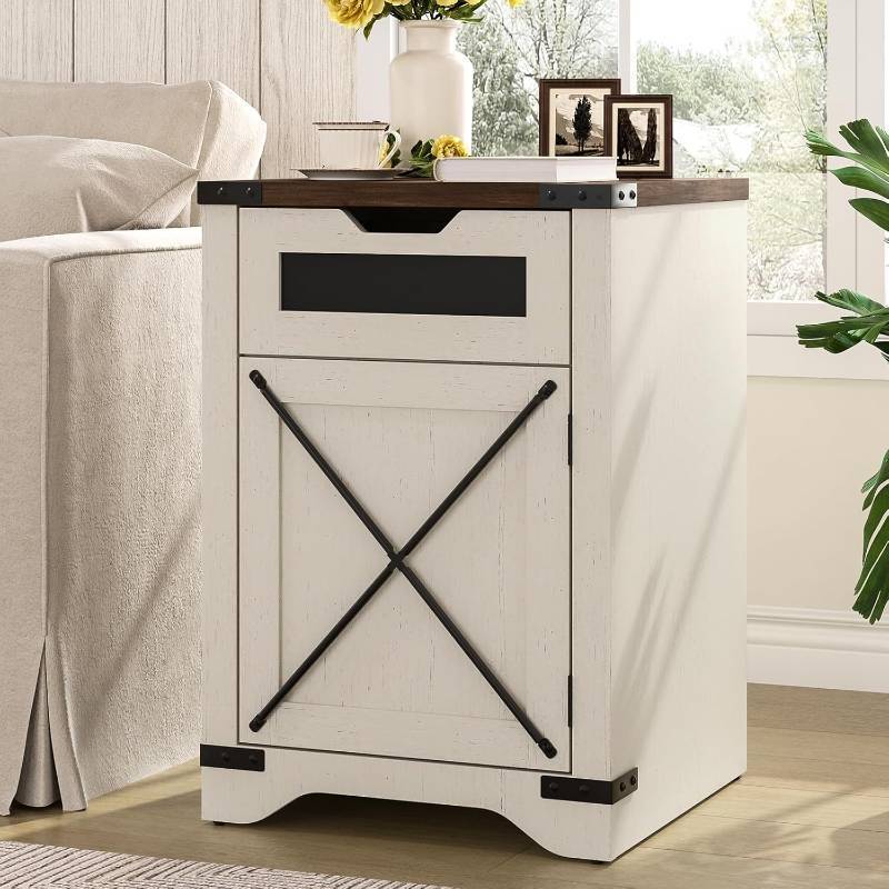 lot 411050 image: Farmhouse End Table with Charging Station, 26.4 Tall Rustic Nightstand with Drawer and X Barn Door, Antique White Country Bedside Sofa Side Table for Living Room