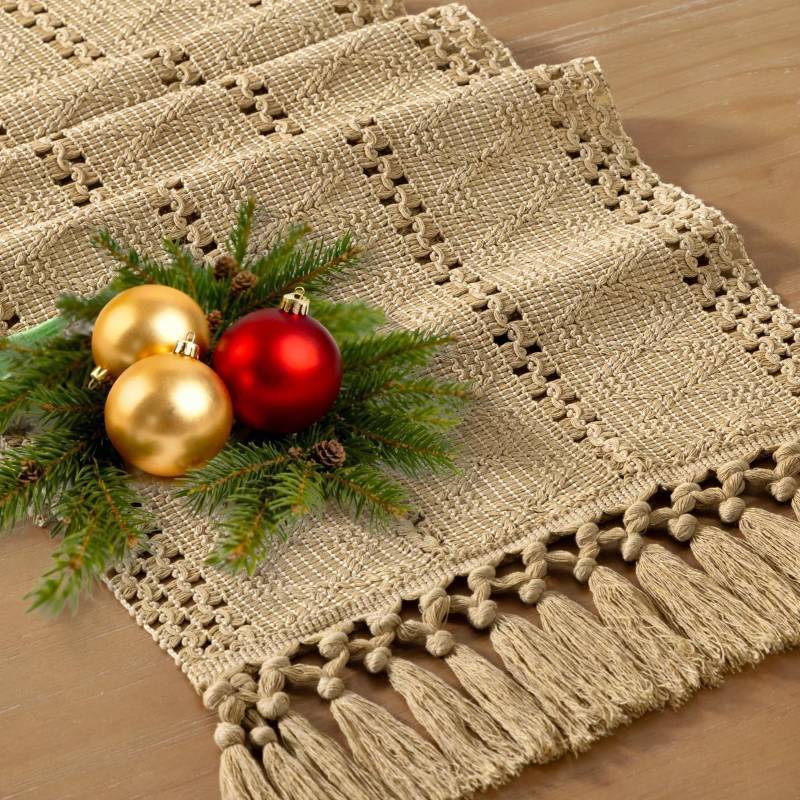 lot 411075 image: Socomi Boho Table Runner Valentines Day Farmhouse Rustic Dining Kitchen Centerpiece Decor Small Macrame Woven Cotton Linen Coffee Table Runner for Dresser Scarf Home Decor 12x60 inch Champagne