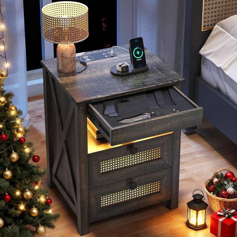 lot 401079 image: Retails for $120 Night Stand with Gun Drawer, Bedside Table with Charging Station & LED Light, Gun Nightstand for Bedroom Living Room, Farmhouse End Table, Rustic