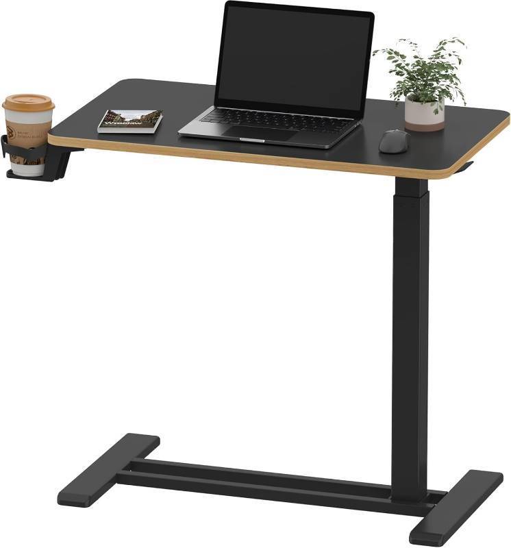 lot 121152 image: SANODESK Medical Adjustable Overbed Bedside Table with Hidden Casters, Pneumatic Mobile Laptop Computer Standing Desk Cart with Tray, Hospital and Home Use(27.6 W x 15.7 D, Black)