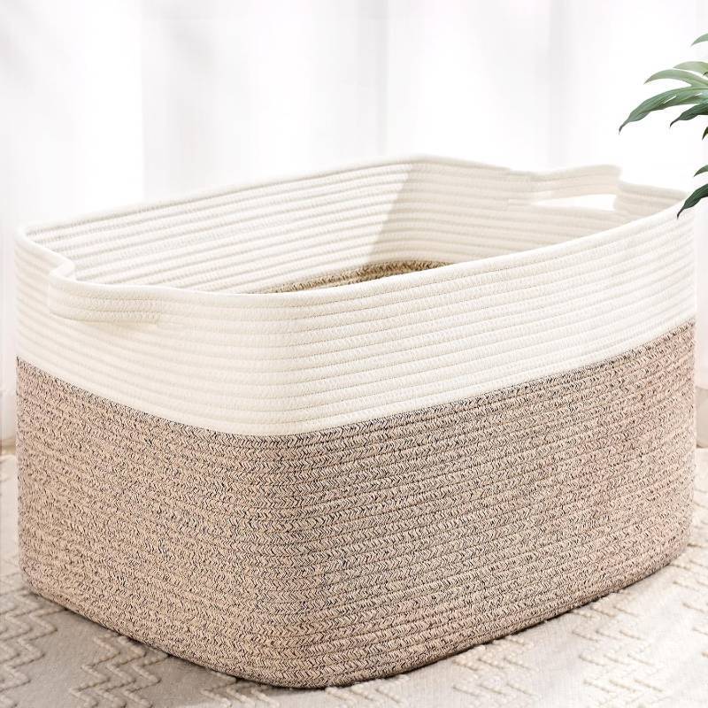 lot 121167 image: Large Blanket Basket, 60L Storage Baskets for Organizing, Woven Laundry Basket for Blankets, Cotton rope Blanket Storage for Living Room, Nursery Room, 19.7 L x 15.74 W x 11.8 H, Brown