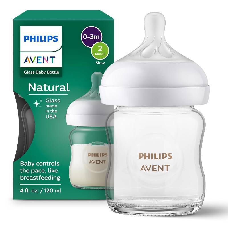 lot 221224 image: Philips Avent Natural Glass Baby Bottle with Natural Response Nipple (Slow Flow, Flow 2), 4oz, SCY91001