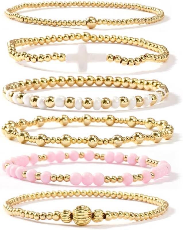 lot 221228 image: 14K Gold Pearl Beaded Cross Bracelets Stack Set for Women,Stretch Boho Colorful Christian Beads Ball Jewelry Trendy Gift