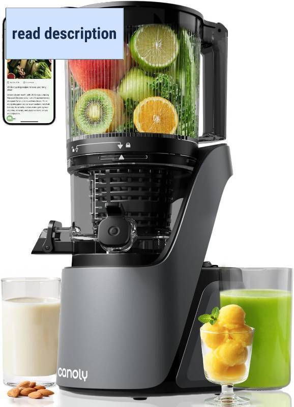 lot 221101 image: Retails for $200 Canoly C16 Cold Press Juicer, 6 Extra Wide Feed Chute, 3-IN-1 Strainers (Juice & Sorbet & Nut Milk), Powerful AC Brushless Motor, Self Precut System, Juicer Machines with BPA-Free (Space Gray)