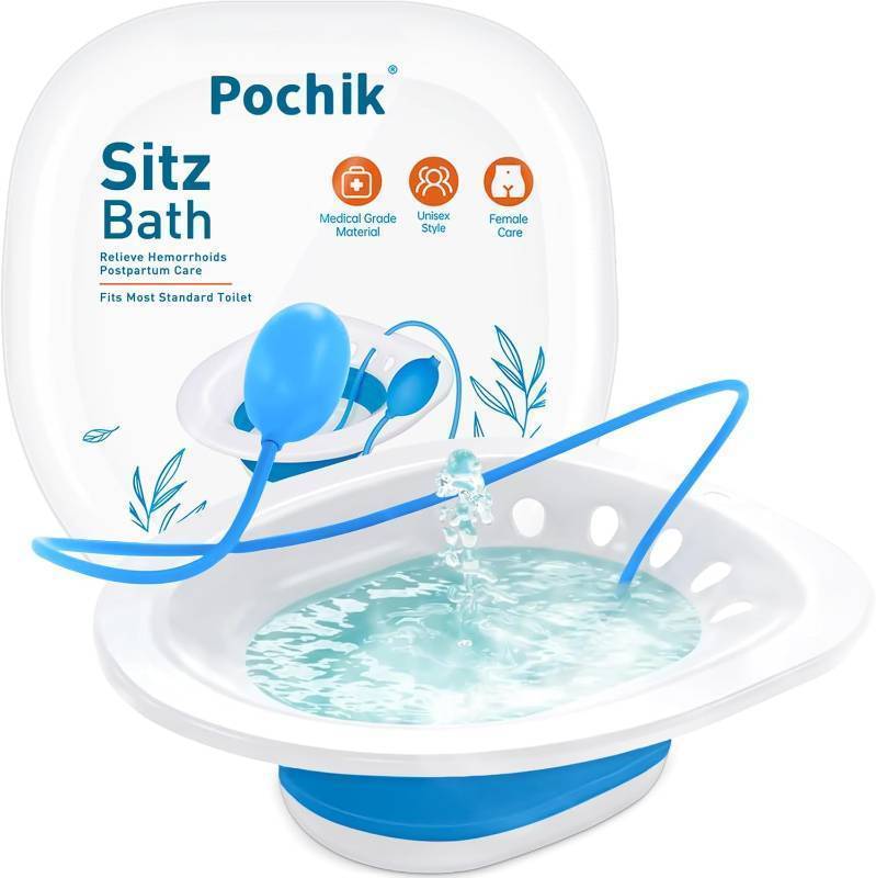 lot 370953 image: Pochik Sitz Bath for Toilet Seat Hemorrhoids and Postpartum Care, Yoni Steam Seat, Perineal Soaking, Collapsible, Flusher Hose, Drain Holes, Wider Seating Area - Blue