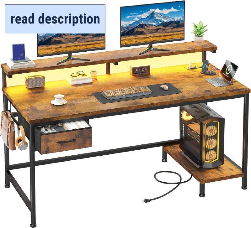 lot 151786 image: 47.2 Inch Office Desk with Power Outlet & Ergonomic Monitor Stand,Gaming Desk with CPU Stand& LED Lights,Computer Desk with Drawer for Home Work,Study Redroom and Gaming,Small Spaces,Rustic Brown