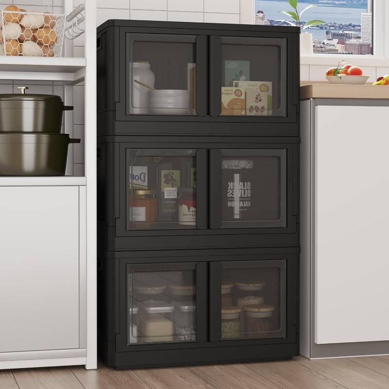 lot 351406 image: FLEXIMOUNTS 228 QT Stackable Storage Bins With Lids, Collapsible Plastic Storage Bins With Doors and Built-in Wheels For Home Dorm Closet Organizers and Storage, 3 Pack Cubes, Black