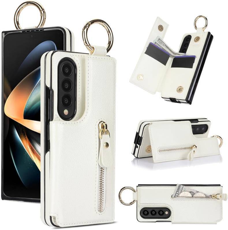 lot 191559 image: XIMAND for Samsung Galaxy Z Fold 4 Wallet Case with Zipper and Credit Card Holder, Cash Slot, Premium Leather Magnetic Clasp Kickstand Heavy Duty Ring Protective Cover.(White)