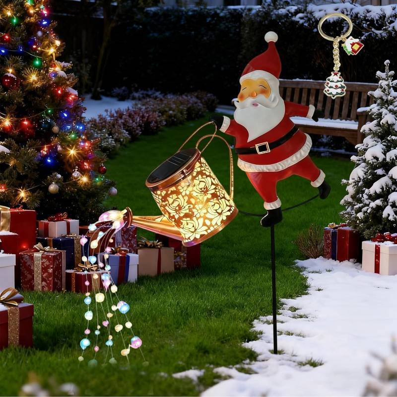 lot 291413 image: Christmas Solar Kettle Lights Garden Lawn Decorative Lights, Outdoor Solar Santa Claus Watering Can with LED Light, Hanging Metal Garden Decor Lights, for Yard Outside Patio Lawn (1PC-A)