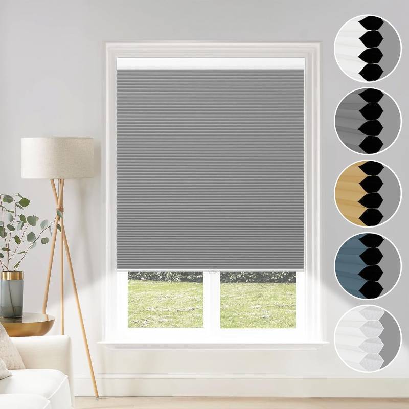 lot 291442 image: Cordless Cellular Blinds Blackout Shades Honeycomb Blinds Window Fabric Blinds Grey-White, 34x64 inch