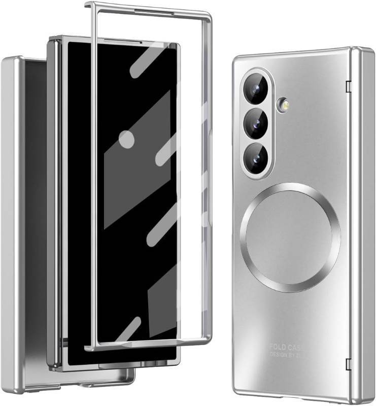 lot 491653 image: XIMAND for Samsung Galaxy Z Fold 7 Case with Frosted Plating Non-Stick Fingerprint,Hinge & Front Screen Protector - Sleek Luxury and Nobility Design, Folding Completely 360 Full Protection(Silver)