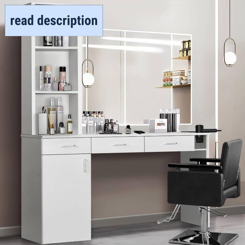 lot 101343 image: Retails for $122 4ever2buy Hair Salon Station for Hair Stylist, Salon Wall Station with Barber Cabinet, Barber Stations Equipment Hair Dryer Holder, Drawers (White)