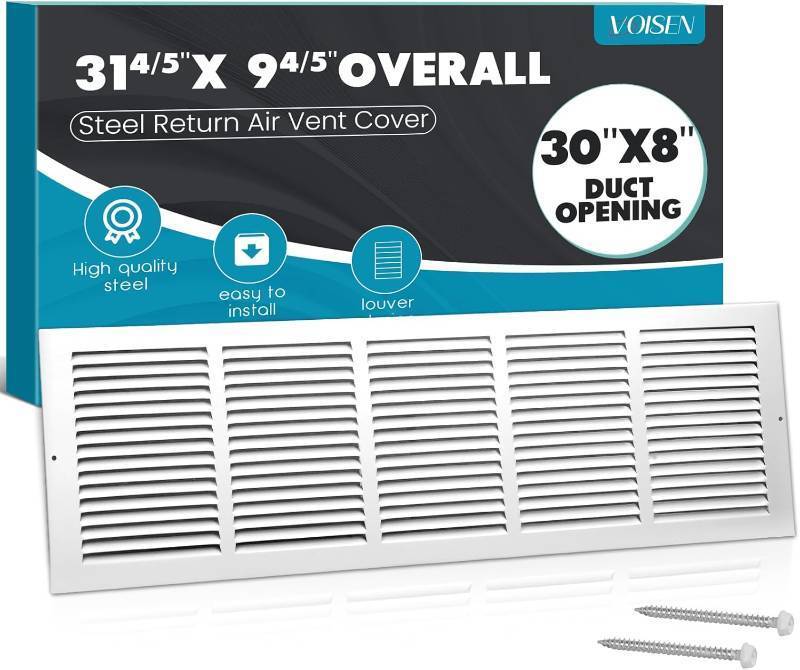 lot 201221 image: VOISEN Return Air Grille,Fits 30x8 Duct Opening,Steel Return Vent Cover, White Vent Cover Grill for Sidewall and Ceiling,HAVC Cold Air Return Vent Cover,Overall Size31.8W X 9.8H