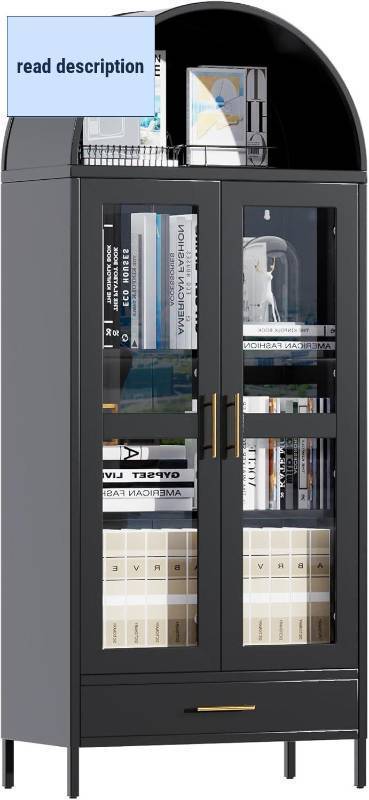lot 301202 image: Retails for $136 VEXPOR 73In Tall Metal Arched Cabinet, Arched Display Pantry Cabinet with Glass Door, Modern Farmhouse Bookcase with 1 Drawer and 2 Adjustable Shelves for Living Room, Black, Assembly Required