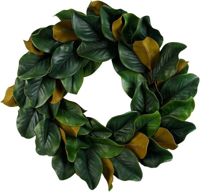 lot 441781 image: Serene Spaces Living Artificial Green Magnolia Leaf Wreath, Ideal to Hang at Wedding, Store Display, Window Sill, Fall Decor, Perfect Holiday D cor, Measures 24 Diameter and 4 Tall