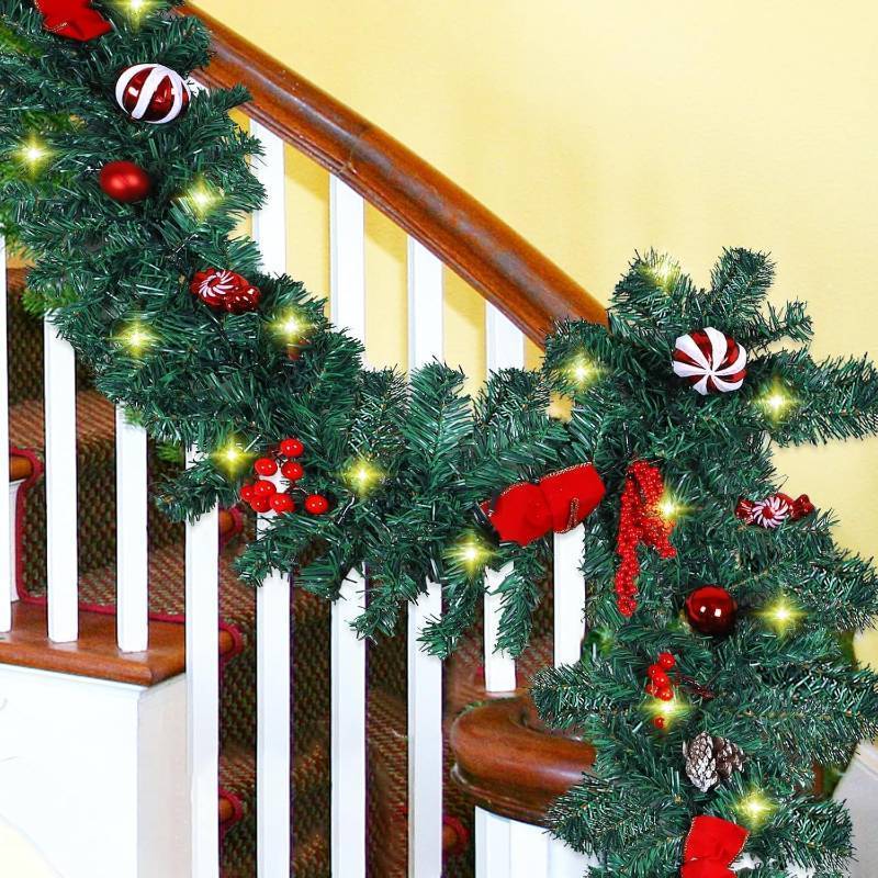 lot 321089 image: MorTime 2 Pack 9 FT LED Christmas Garland with Pinecones Red Berries Bows Christmas Balls Candies, Multi-Function Christmas Garland with 50 Warm White LED Lights, 180 Branch Tips
