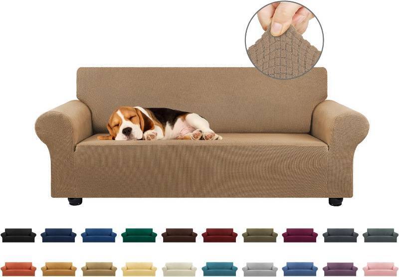 lot 421200 image: KEKUOU Stretch Loveseat Sofa Cover Slipcover,Couch Covers for 2 Cushion Couch Sofa (55-78) Furniture Protector Sofa with Elastic Bottom for Kids,Dog. Jacquard Small Checked(Medium,Camel)