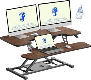 lot 187228 image: Retails for $160 FLEXISPOT Standing Desk Converter 36in Sit to Stand up Riser Height Adjustable Monitor and Laptop Workstation with Spacious 2-Tier Desktop, Walnut Color