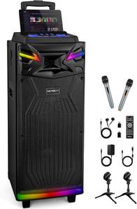 lot 221236 image: Retails for $266 GTSK210 1 Karaoke Machine for Adults with 2 Wireless Microphones, Portable Bluetooth Singing Speaker, PA System Treble & Bass, Live Streaming, Support USBAUXTF Card for Home Party Outdoors