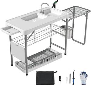 lot 221245 image: Retails for $190 Dragosum Fish Cleaning Table, Portable Folding Camping Table with Folding Grill Extension Board, Fish Cleaning Station with Dual Sinks, Hose Hook Up
