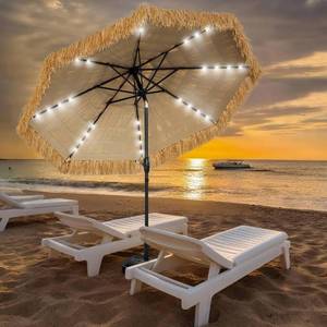 lot 321081 image: Retails for $120 9 FT Solar Thatch Tiki Umbrella, Hawaiian Style Straw Umbrella, UPF 50 Patio Umbrellas with 32 LED Lights for Beach, Pool,Garden