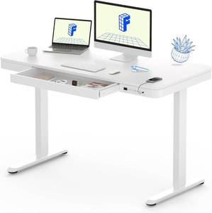 lot 385252 image: Retails for $250 FLEXISPOT Comhar Electric Standing Desk with Drawers Charging USB A to C Port, Height Adjustable 48 Whole-Piece Home Office Computer Laptop Table with Storage (White Top  Frame)