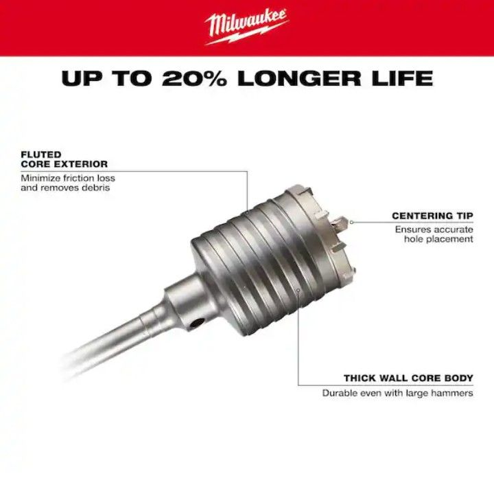 lot 4253140 image: Milwaukee 4 in. x 11-38 in. SDS-MAX Core Bit MSRP $215.00