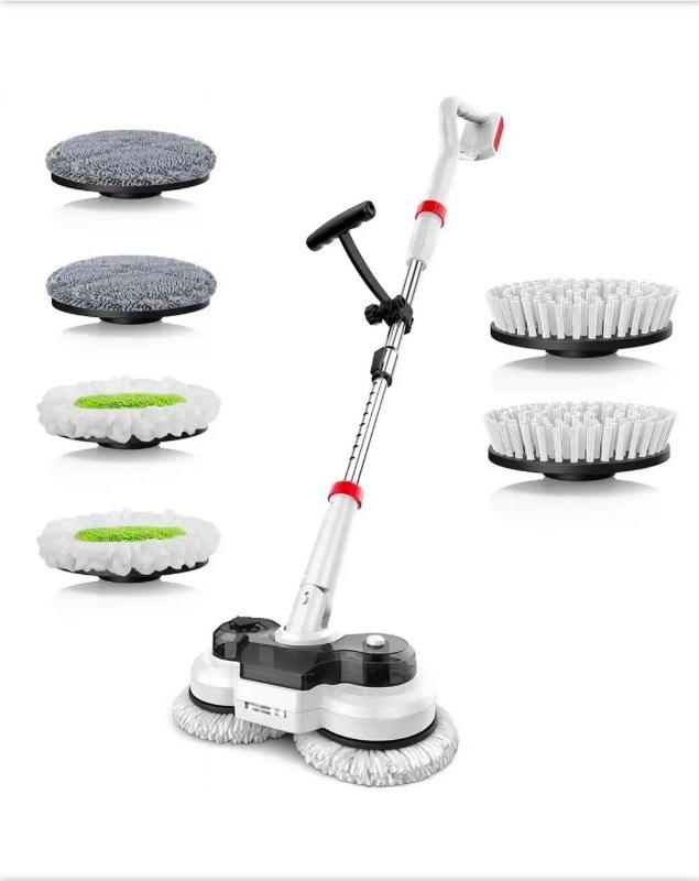 lot 4421017 image: LAIFUCAMResidential Cordless Multi-Surface Floor Cleaning Mop in White with Adjustable Handle, LCD Screen, 2 in 1 Spin Scrubber - Retail $263