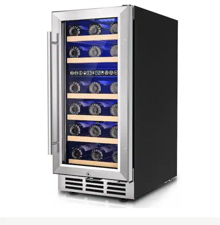 lot 4253116 image: 15 in. Dual Zone 30-Wine Bottles Wine Cooler in Black, with Adjustable Shelves and Reversible Door MSRP $339.99