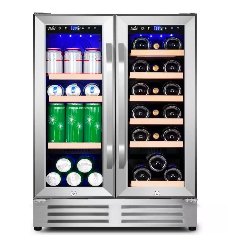 lot 4642019 image: Velivi24 in.Dual Zone 18-Wine Bottles and 88-Can Built-In and Freestanding with French Door Beverage Cooler in Stainless Steel - Retail $862