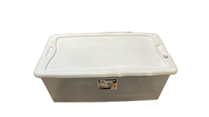 lot 4649130 image: 6027948 LATCH STORAGE BOX 106QT Sterilite 13 in. H X 18.75 in. W X 33.875 in. D Stackable Latch Storage Box (Pack of 1) - Retail $25