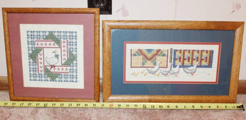 lot 1637 image: Two Framed Crochet Duck Pictures - Fiber Art