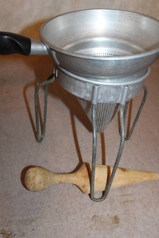 lot 1652 image: Chinois Set - Stainless Steel Sauce Strainer and Wooden Pestle