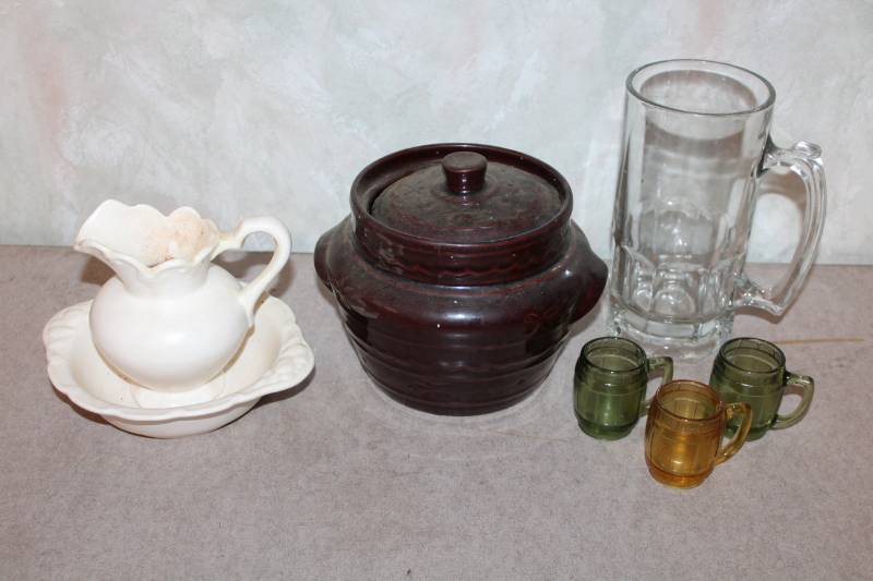 lot 7971 image: Bean Pot, Small Pitcher & Bowl, Beer Mug