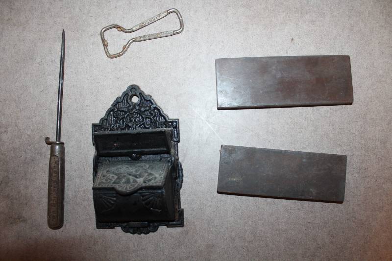 lot 7974 image: Cast Iron Match Holder, Ice Pick, Razor Hones - Cool Lot