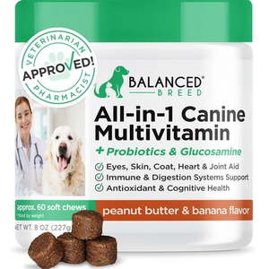 lot 869 image: Balanced Breed All-in-1 Dog Vitamins Supplement Skin Coat Hip Joint NonGMO Made in USA-60 Soft Chews. Best By May 2025 - Retail $30