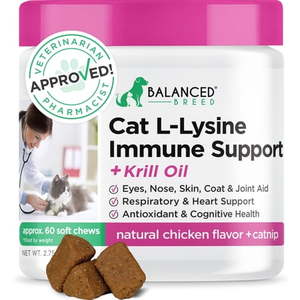 lot 870 image: Balanced Breed L-Lysine Cat Immune Support Respiratory Sneezing Omega 3 Skin Vitamin - 60 Soft Chews. Best by April 2025 - Retail $25
