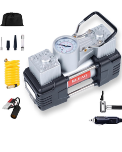 lot 3132 image: Classic Tire Inflator for Car Portable Air Compressor Pump with Dial Pressure Gauge Analog 12V LED Light Dual Cylinder with Basic Tools for Pickup Truck, SUV, Sedan, Crossover, Minivan - Retail $40