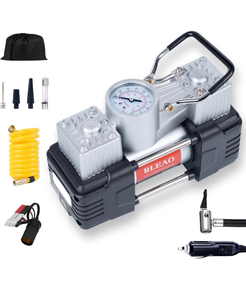 lot 3260 image: Classic Tire Inflator for Car Portable Air Compressor Pump with Dial Pressure Gauge Analog 12V LED Light Dual Cylinder with Basic Tools for Pickup Truck, SUV, Sedan, Crossover, Minivan - Retail $40