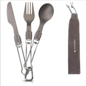 Navaris Titanium Folding Utensil Set - Fork Knife Spoon Foldable Metal Silverware Utensils for Camping, Backpacking, Hiking - With Carabiner and Bag - Retail: $20