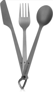 lot 4651058 image: Navaris Titanium Camping Cutlery Set - Lightweight Camping Utensils for One - Knife, Fork and Spoon with Carabiner Clip and Case for Hiking and Travel - Retail $13