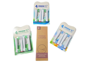 lot 4651067 image: Replacement Electric Toothbrush Heads Compatible with Oral-B, 12 Pack Replacement Head  2 Tongue Scrapers to Eliminate Bad Breath, 3 Types of Brush Heads - Retail $13