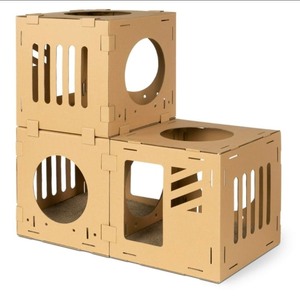 lot 4651088 image: Navaris Modular Cardboard Cat House - DIY Corrugated Cardboard Configurable Play Tower Condo for Small Cats, Kittens, Rabbits - 3 Cubes - Retail $21