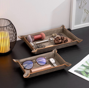 lot 4651099 image: Navaris Faux Leather Tray Set - 2 Valet Organizer Trays for Bedside Table Desk with Dividers- Store Keys, Change, Wallet, Phone, Glasses - Gray - Retail $26