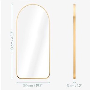 lot 4651101 image: Navaris Arched Wall Mirror - Full Length Golden Arch Framed Mirror - Wall-Mounted Mirror with Gold Aluminum Alloy Frame - 43.3 x 19.7 in (110 x 50 cm) - Retail $111