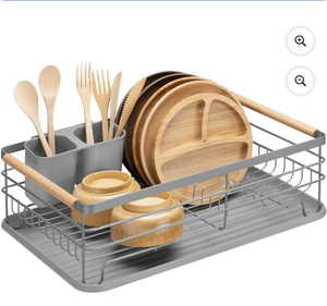 lot 4651129 image: Navaris Dish Drainer Rack - Plate, Silverware, Pots and Pans Drying Rack for Kitchen with Beechwood Handles - Modern Retro Design Drip Tray - Gray - Retail $56