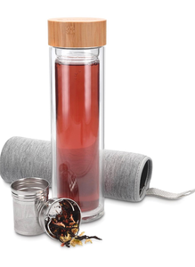 lot 4651144 image: Navaris Glass Water Bottle with Tea Infuser - Double Walled Borosilicate Glass Travel Tumbler with Bamboo Lid and Non Slip Gray Neoprene Sleeve - 17oz - Retail $25